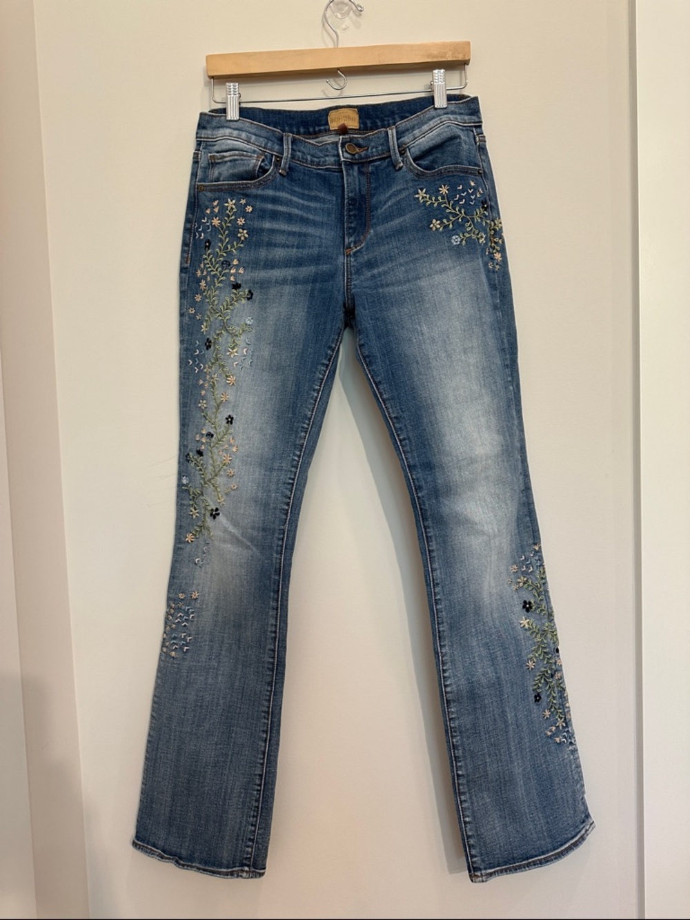 DRIFTWOOD Blue Embroidered Flare Jeans with Floral Accents